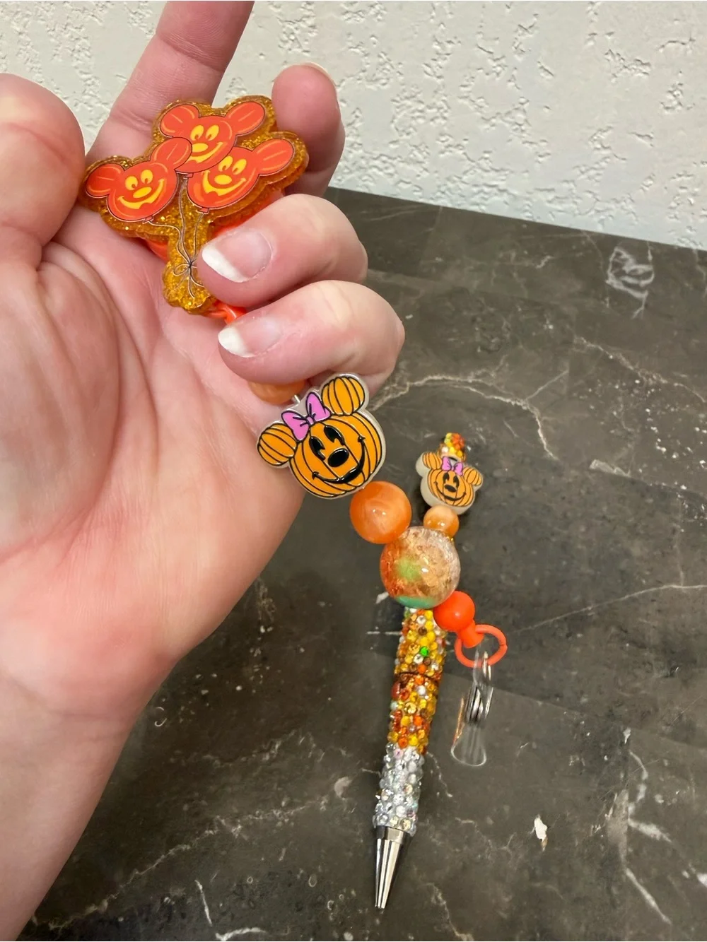 Mickey Halloween Pumpkin Glow Rhinestone Beaded Pen and Matching Badge Reel